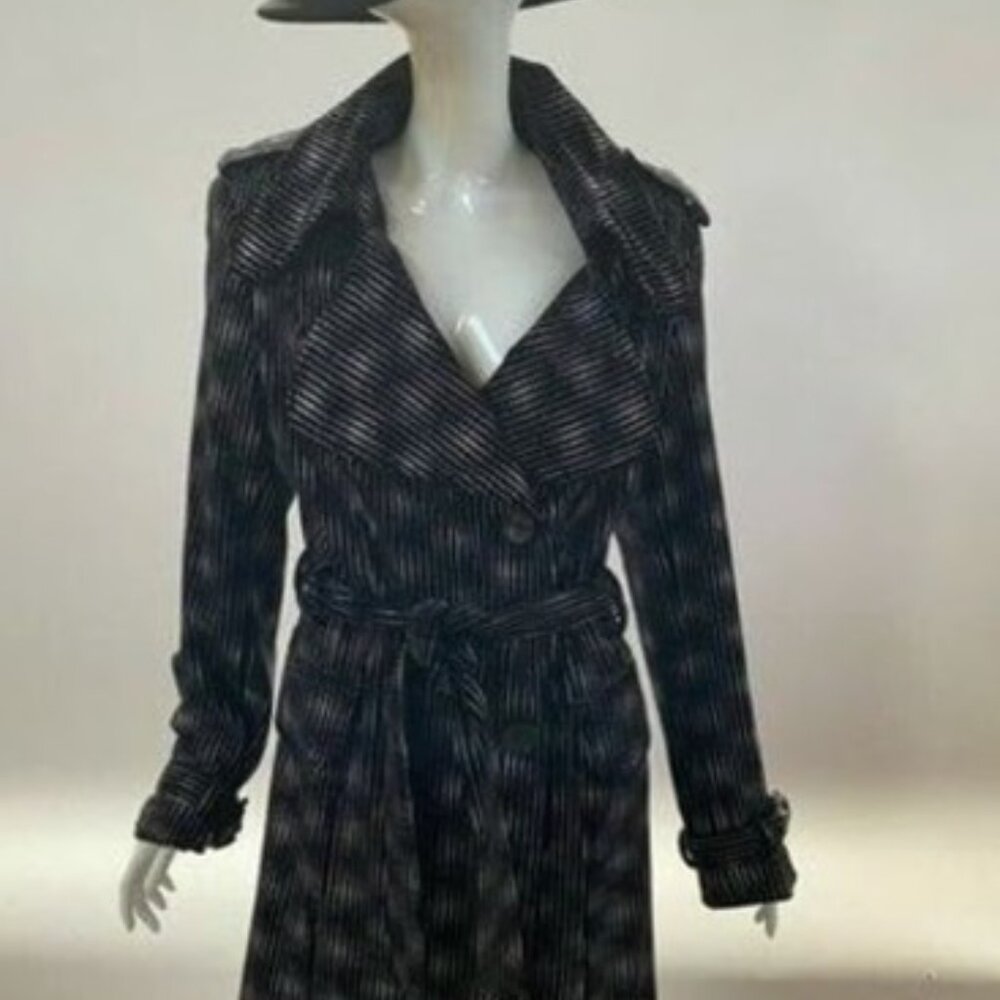 Cach'e, Alberto Makali Designer Black Trench Coat Botanical Pattern Belted Sz 2 - Picture 2 of 4